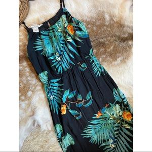 Tropical Parrot & Palm Black Maxi Dress